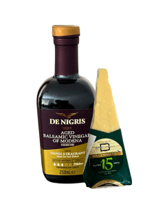 Vinagre balsamico de Nigris y una Cuña de Parmigiano Reggiano bertinelli de 15 meses