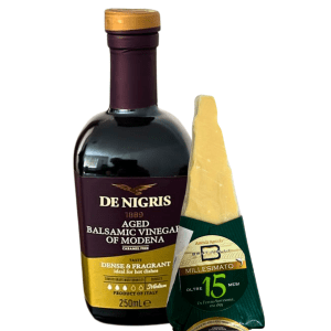 Vinagre balsamico de Nigris y una Cuña de Parmigiano Reggiano bertinelli de 15 meses